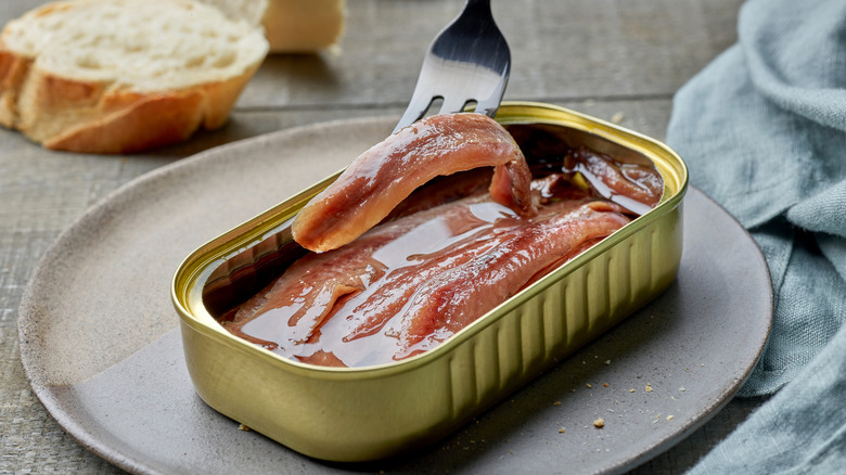 a fork lifting an anchovy filet from a can