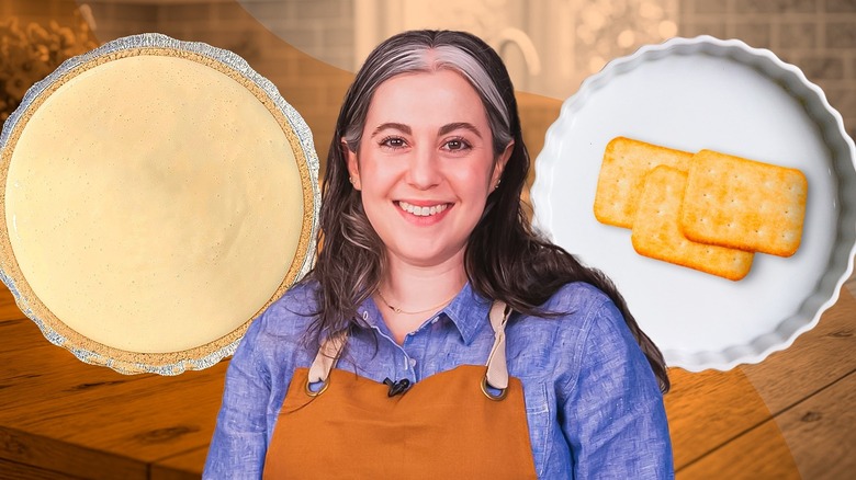 Claire Saffitz next to two pie dishes