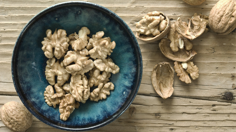 walnuts in blue bowl