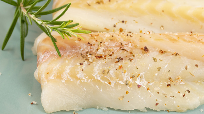 Raw hake fish fillets with rosemary