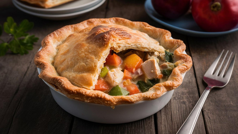 Chicken pot pie showing filling