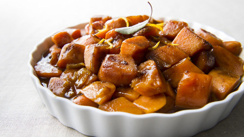 Roasted sweet potatoes in dish