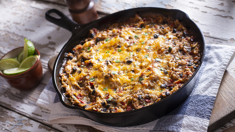 Skillet with cheese and rice