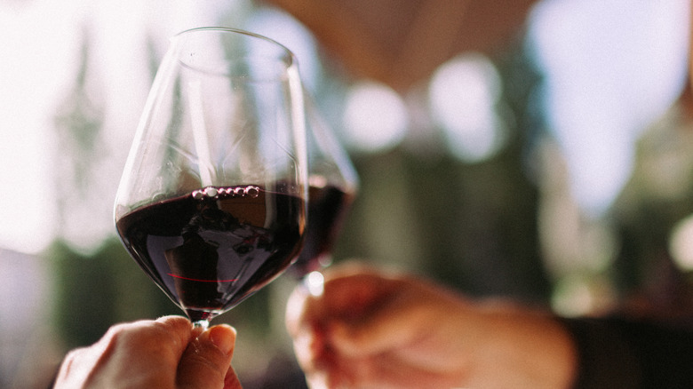 Couple toasting with red wine glasses