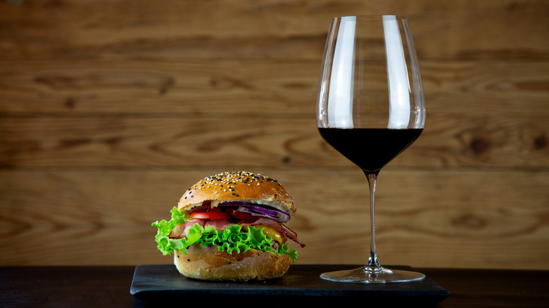 Burger and Bordeaux red wine glass