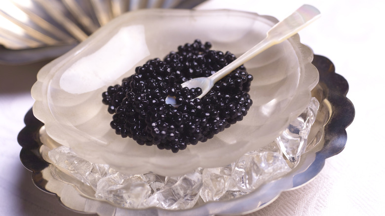 glass dish of caviar