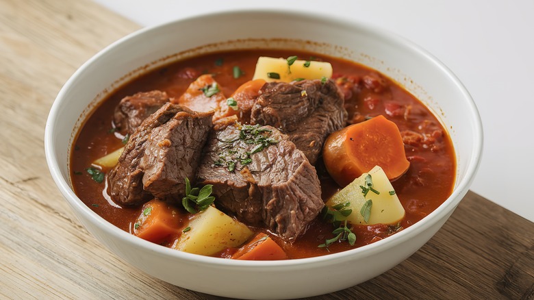 A bowl of beef stew with chunks of meat, potatoes, and carrots