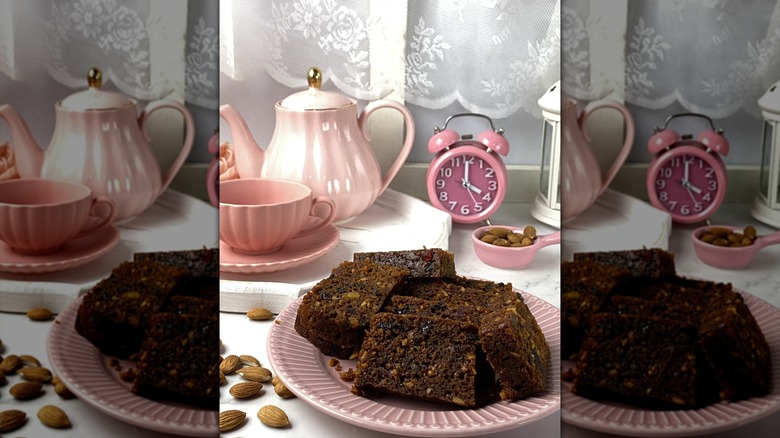 fruit cake set up with vintage teaset