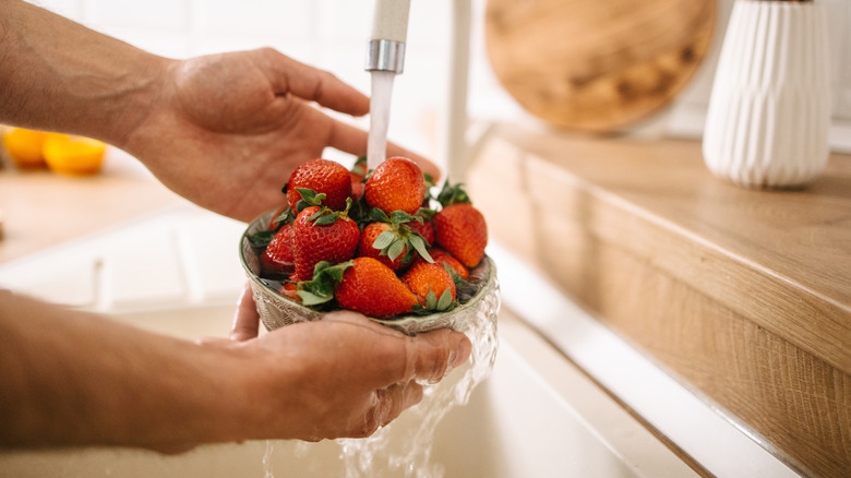 Hands wash bowl full of strawberries