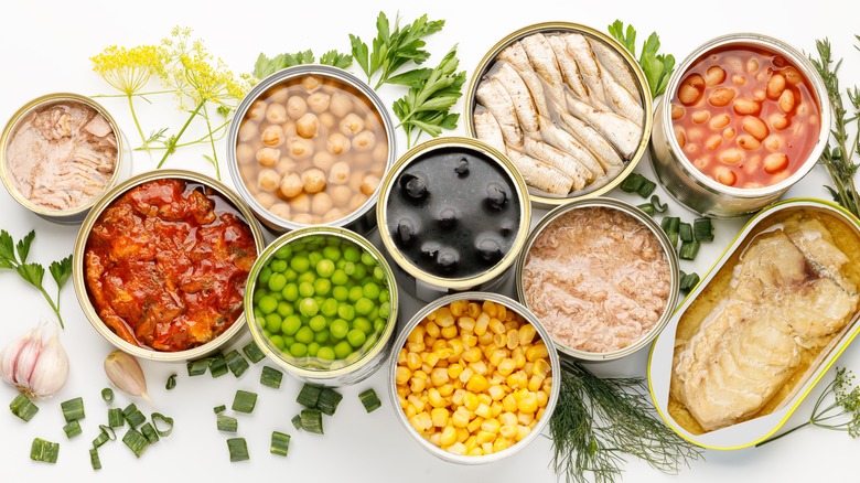 An assortment of canned foods