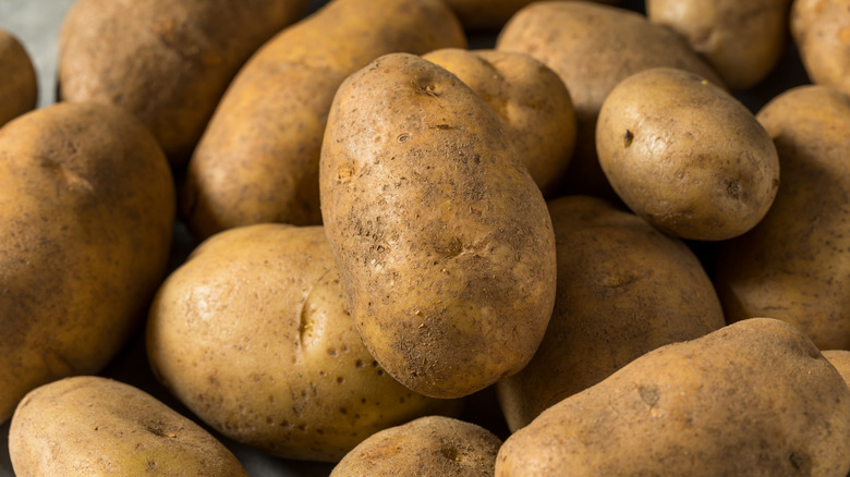 A pile of brown russet potatoes