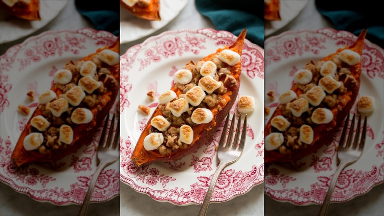 A loaded baked sweet potato with marshmallows