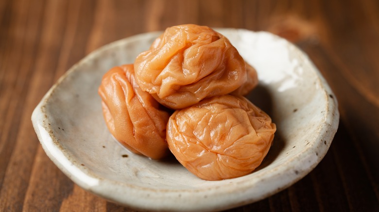 Three umeboshi in small bowl