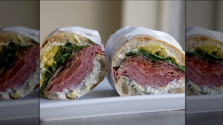 Loaded salami sandwich in wrapper