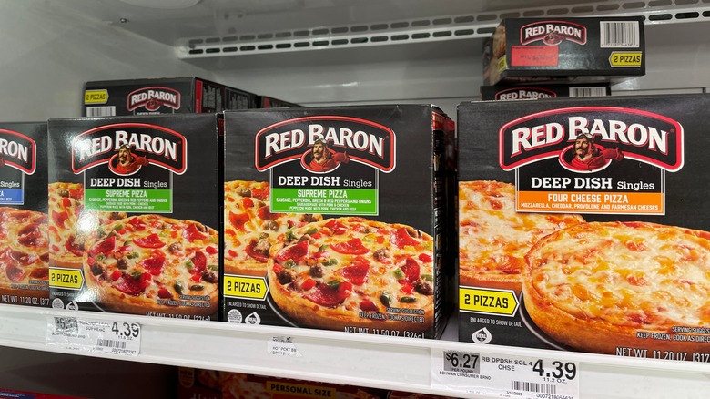 Red Baron pizza boxes on shelf