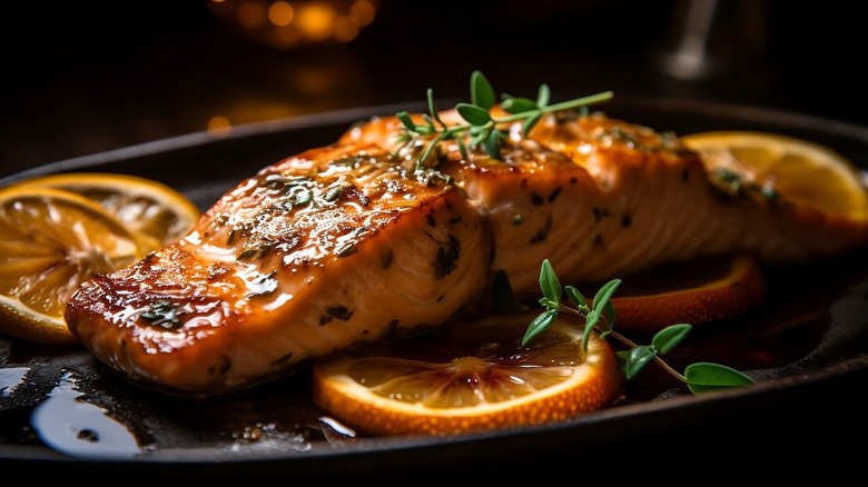 A filet of baked salmon with lemon and other garnishes