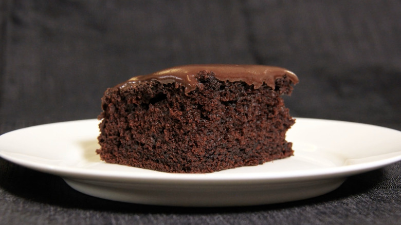 slice of chocolate Great Depression cake on white plate