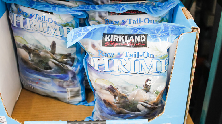 Bags of Costco shrimp in a box
