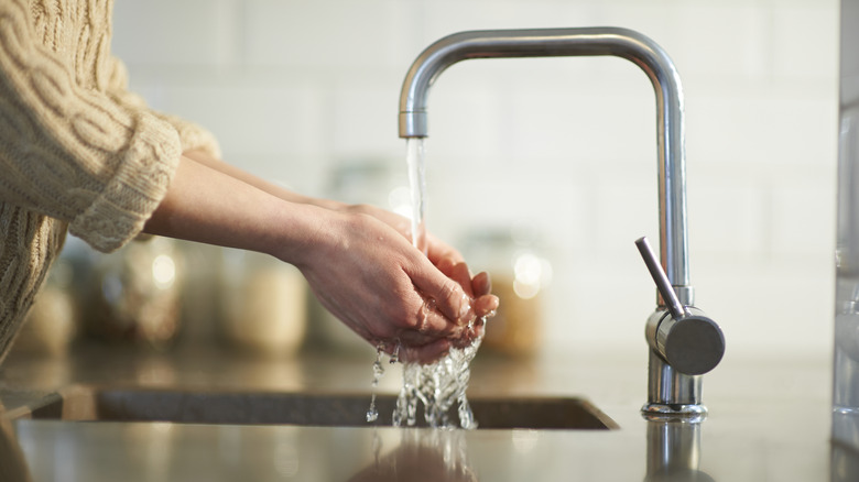 Washing hands under a kitchen faucet