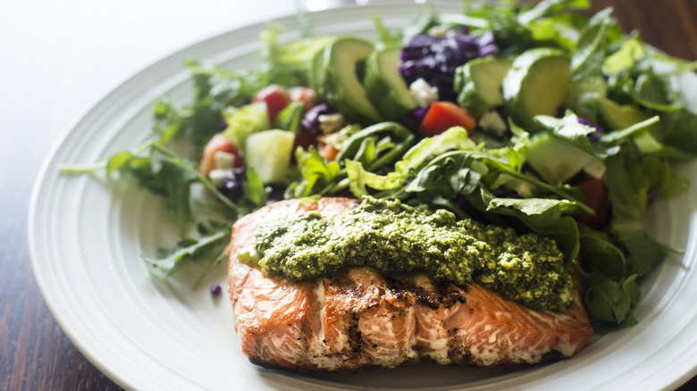 Plate of salmon fish and vegetables