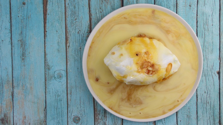 A floating island dessert in a bowl