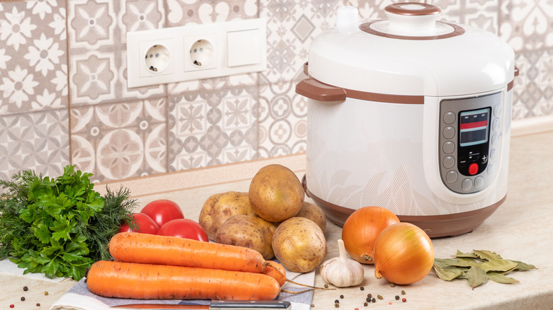 Slow cooker with vegetables to the side