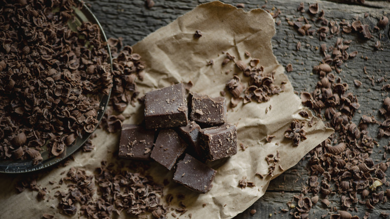 Chocolate pieces on brown paper
