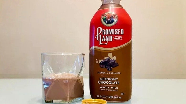 Promised Land chocolate milk carton with glass