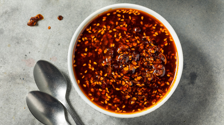 Chili crisp in white bowl