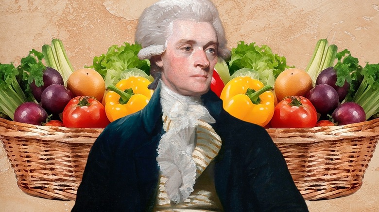 Thomas Jefferson in front of a basket of vegetables