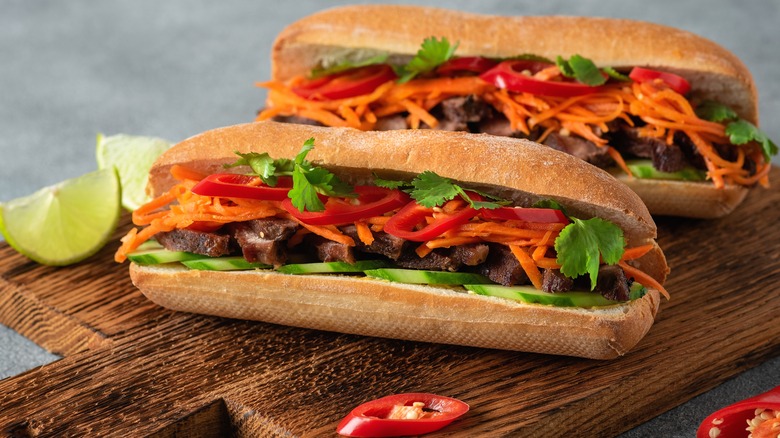 Vietnamese Bahn mi sandwich on cutting board