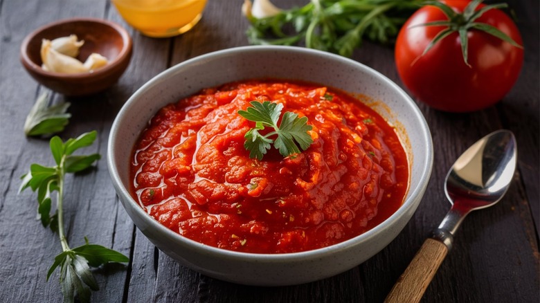 Tomato sauce in a bowl with ingredients