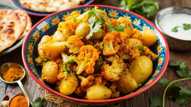 Aloo gobi in a colorful bowl with naan and raita