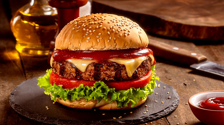 Cheeseburger on slate board