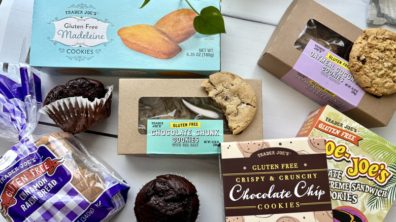 Trader Joe's gluten free desserts on blue backdrop