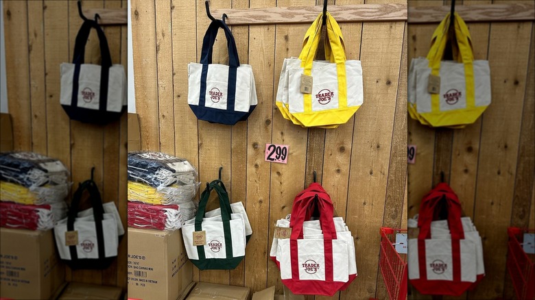 Trader Joe's tote bags on store wall