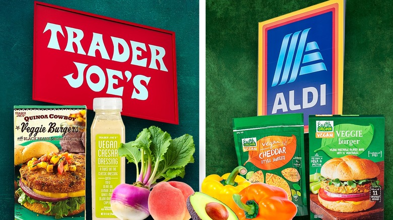 Trader Joe's and Aldi store signs plus a variety of grocery products