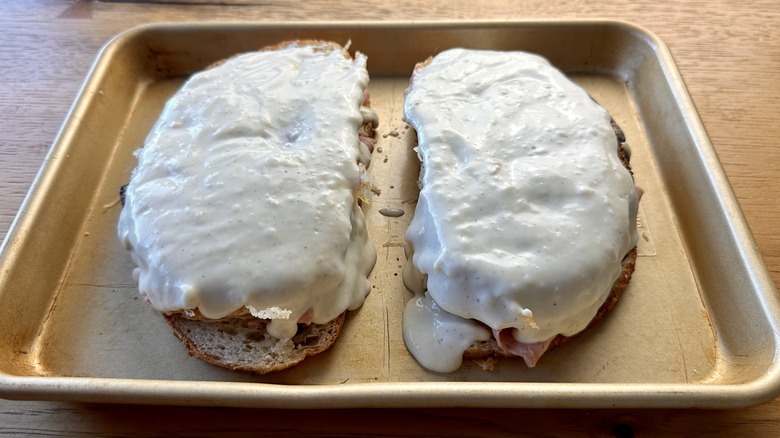 Croque madame on baking sheet