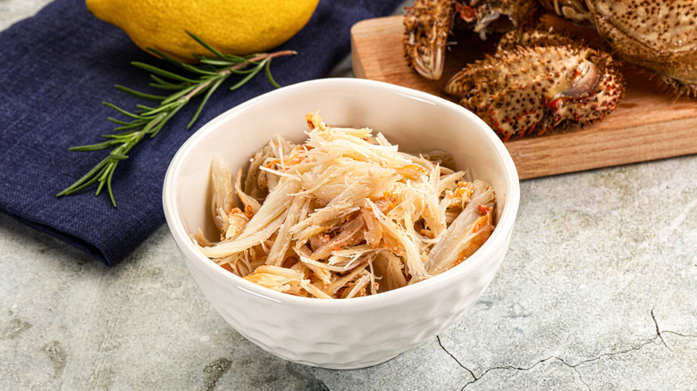 A bowl of shredded crab meat