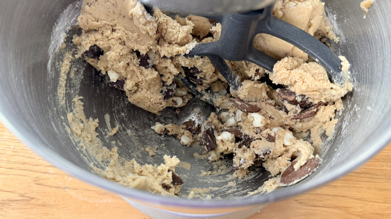 Chocolate chunk cookie dough in bowl