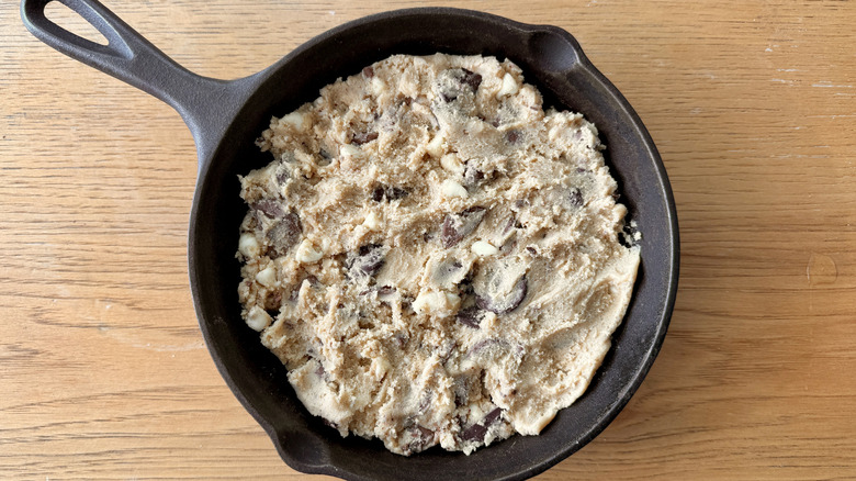 Pizookie dough in cast-iron skillet