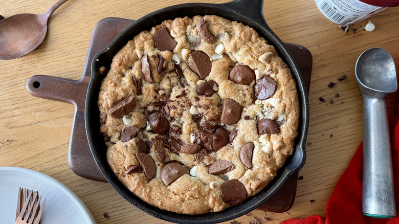 Chocolate chunk Pizookie in skillet