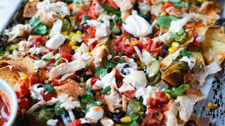 close up on the toppings of nachos