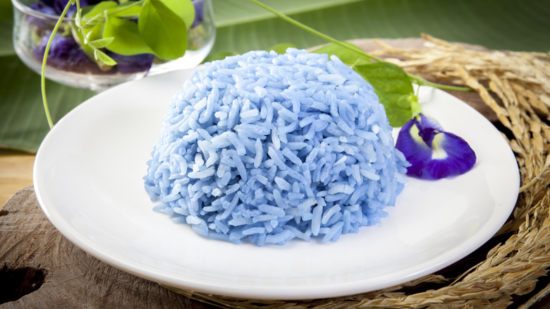 a plate of blue colored rice cooked with butterfly pea