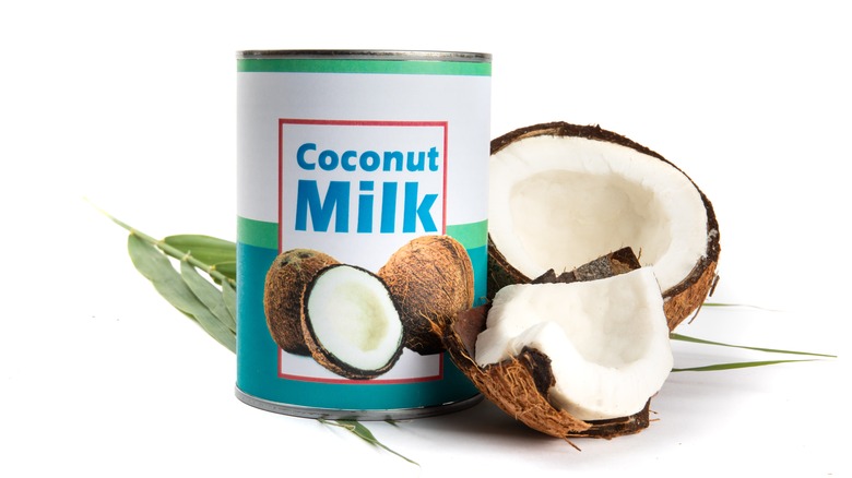 a generic can of coconut milk with coconuts in background