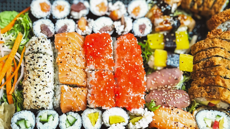 Different types of sushi displayed together