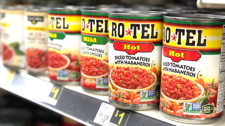 Rotel cans on grocery shelf