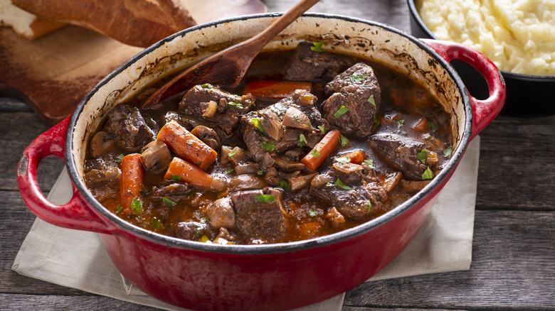 prepared beef bourguignon in pot