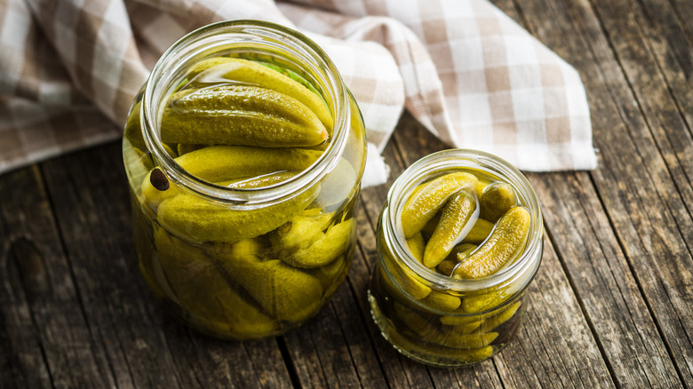 Jarred pickles on a table