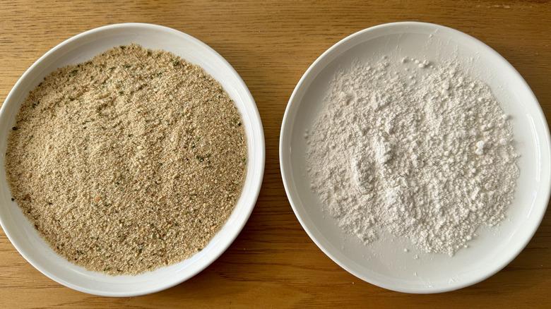 Breadcrumbs and flour in two bowls